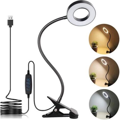 Lampe de bureau à pince avec 3 modes d'éclairage, 10 niveaux de luminosité réglables, idéale pour la lecture, les études, le travail, les vidéoconférences - Noir (1/4)
