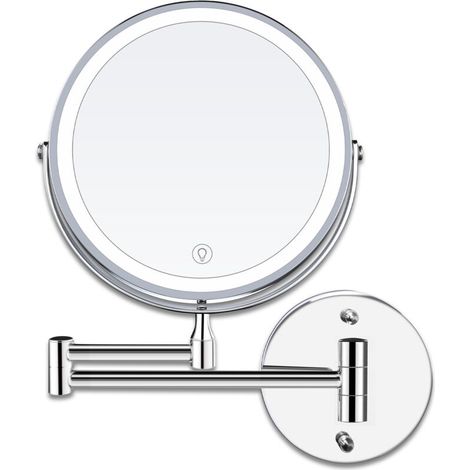 Espejo de maquillaje LED de 8 pulgadas para montaje en pared con luz de aumento, aumento de 1x/10x, carga USB, ajustable a 3 colores, giratorio 360° y extensible, para baños.