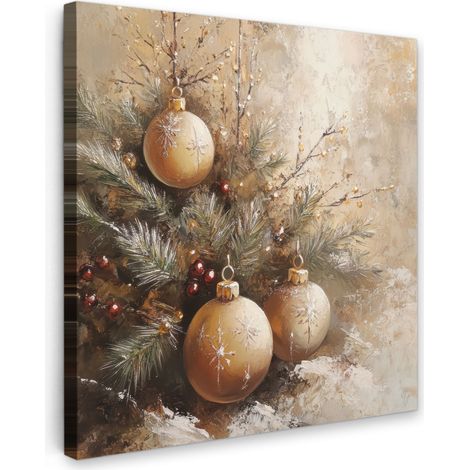 TABLEAU SUR TOILE Noël - Boules - Beige - Or Tableau Chambre Adulte 90x90 cm