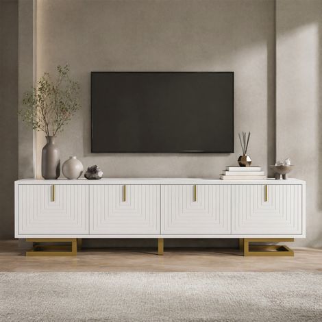 Mueble TV 160x38x44,5 cm blanco con 4 puertas y patas doradas (1/5)