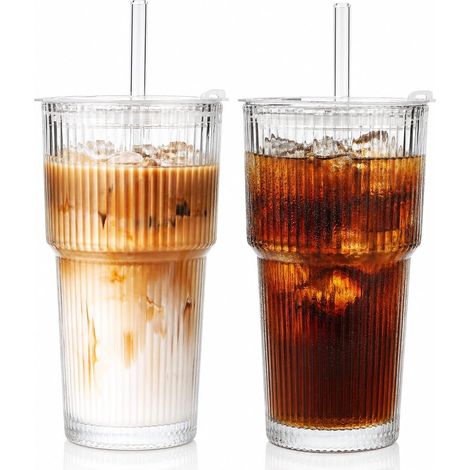 Lot de 2 gobelets en verre côtelés de 600 ml avec couvercle et paille, verres à café glacé, verres à long drink, gobelets à smoothie, design hermétique et étanche, idéal comme café (1/5)