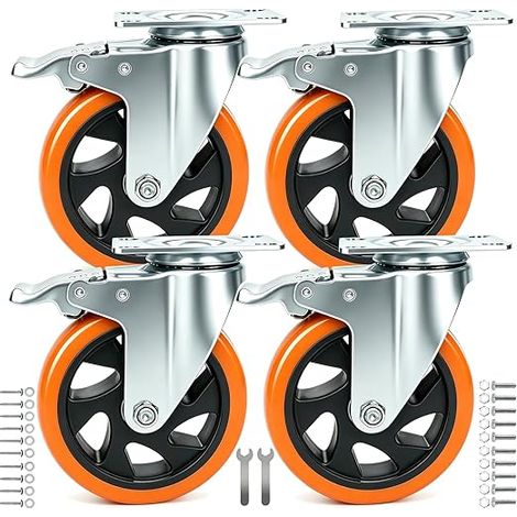 Roulette Pivotante avec Frein 125 mm, 4 Roulettes pour Meubles Roulettes Charge Lourde Roue Plaques Industrielles Transport, Max 800KG (32 Vis Incluses) (1/5)