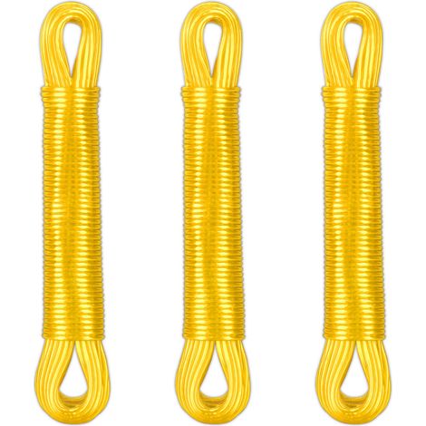 Relaxdays Lot de 3 cordes à linge, 20 m, noyau en polyester, PVC, extra solide, à tendre, jaune (1/5)