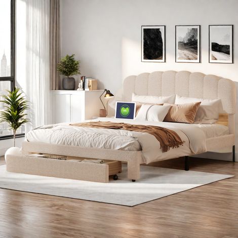 Lit Capitonné 160x200, Lit Double avec Port USB, Tête de Lit Réglable, Lit Adolescent avec Tiroirs au Pied du Lit, Sommier à Lattes, Tissu Polaire Teddy, Beige (1/5)