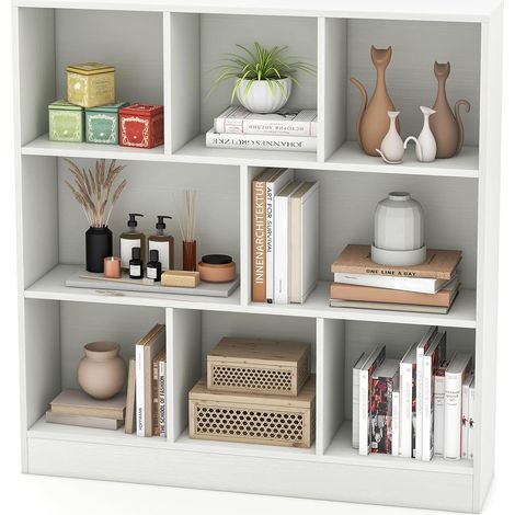 Goplus – Bibliothèque enfant 8 cubes – 3 niveaux – Compartiments ouverts – 100 x 24 x 104 cm – 2 kits anti-basculement – Bois d'ingénierie blanc