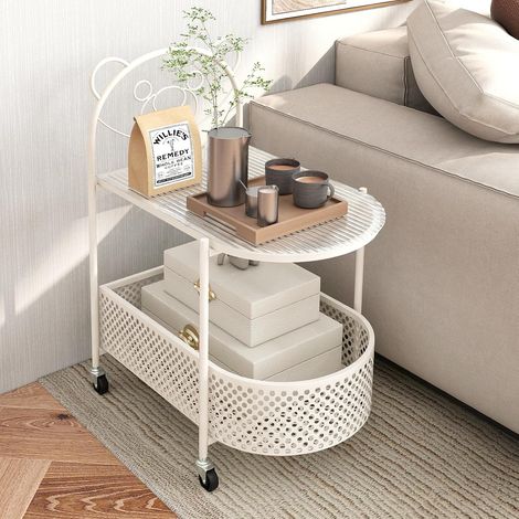 COSTWAY Tavolino da Caffè in Vetro a 2 Livelli, Tavolino Laterale con Ruote Bloccabili, Motivo Orso e Cesta di Stoccaggio, Tavolino per Salotto, Camera da Letto e Studio (Bianco) (1/5)
