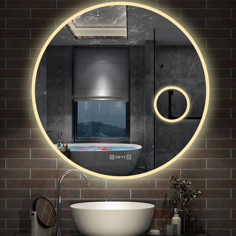 Aica Sanitaire – Miroir grossissant tactile LED 70 cm – Horloge anti-buée – Loupe 3x – Lumière jaune 3000K, blanc chaud 4500K, blanc froid 6000K (1/5)