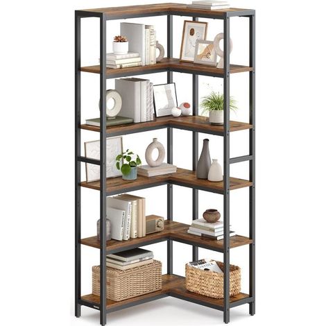 Bibliothèque d'angle moderne rangement 24 x 102 x 175 cm capacité 150 kg ambiance cosy en aggloméré marron rustique (1/2)