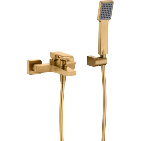 IMEX Miscelatore vasca-doccia con corpo en latón tubo metálico de 180 cm soporte ABS manija cuadrada cartucho cerámico Ø35 mm acabado oro cepillado - modelo ART