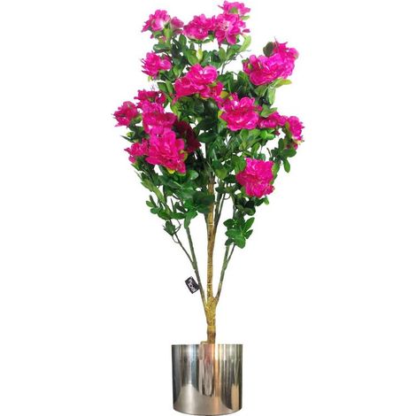 100cm Realistic Artificial Azalea Pink Flowers Potted Plant with Silver Metal Planter (1/5)