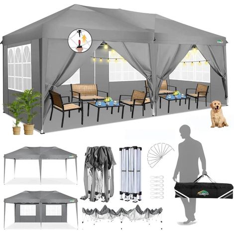 Faltpavillon 3x6m wasserdicht mit 6 Seitenteilen und Fenstern, Grau (1/5)