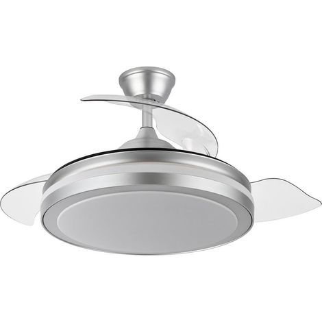 Ventilateur DC 72 W, 6120 lm, couleur argent, 110°, 3 pales, 3000-4000-6000 K, télécommande, minuterie, mémoire, idéal pour climatisation et confort. (1/2)