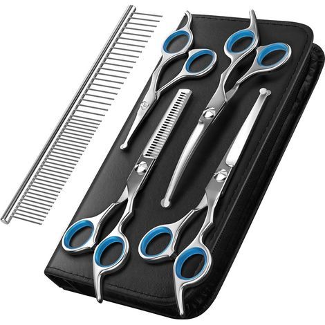 Dog Grooming Scissors, 5-Piece Set of Titanium-Coated Stainless Steel Pet Grooming Tools, Thinning/Straight/Curved Shears and Comb, Blue (1/5)