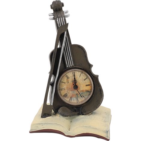 Horloge violon au design vintage, posée sur un livre de musique. Modèle en résine représentant un violon, idéale pour un chef d'orchestre, un professeur de musique ou un étudiant. (1/5)