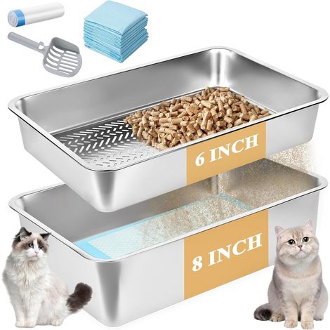 Stainless Steel Litter Tray 60 x 40 x 20 cm XL Size for Pine Pellets Cat Litter Tray System for Indoor Cats with Scoop and Pee Mat, Easy to Clean (8 in) (1/5)