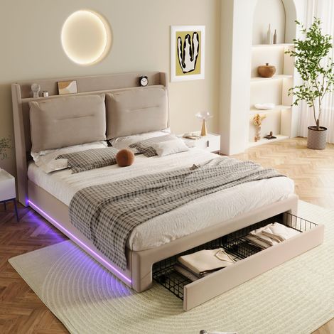 Gepolstertes Doppelbett für Erwachsene 180x200cm mit LED-Beleuchtung 1 Schublade und Kopfteil Lattenrost hydraulischer Höhenverstellung Stauraum unter dem Bett beiger Samtbezug