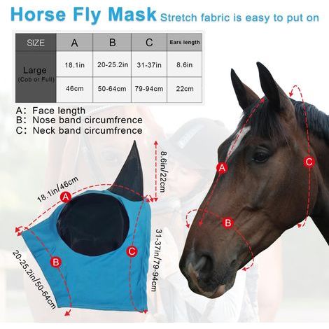 3 masques anti-mouches pour chevaux avec oreilles, en tissu extensible tendance et respirant avec protection UV et solaire pour chevaux de taille moyenne (bleu-noir-gris)