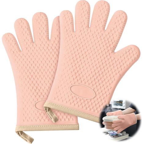 Set aus 2 Fünf-Finger-Ofenhandschuhen mit Baumwoll-Silikon-Futter, hitzebeständig bis 1200 °C, wasserdicht und rutschfest