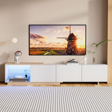 Meuble TV extensible 163–240 cm en bois - rangement spacieux - 3 tiroirs et espace ouvert - éclairage LED décoratif - pour salon et chambre - Blanc (1/5)