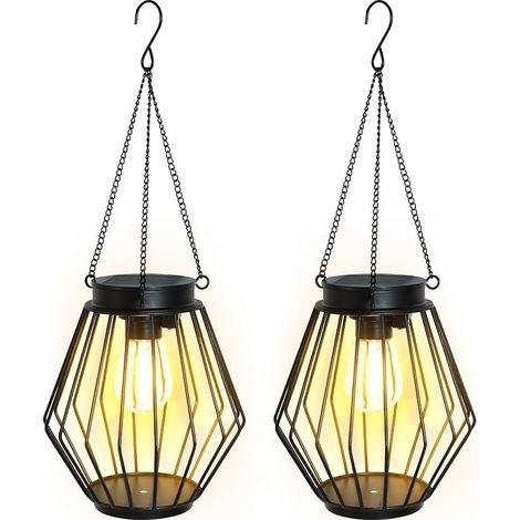 FREEPOWER Lot de 2 lanternes solaires pour l'extérieur - Étanche - Éclairage de jardin LED vacillant - Lumière blanche chaude - Métal - Lampes solaires à suspendre et à poser - Grande hauteur : 18 cm (1/5)