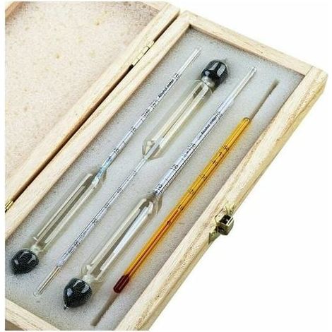 Alcoholometer - 0-40% 40-70% 70-100% Vol Range - 1% Graduation - Includes 0-50°C Thermometer & Wooden Storage Box - For Spirits Distillation - Set of 3
