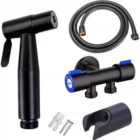 Doccetta bidet e WC in acciaio inox nero – Kit completo con tubo flessibile, staffa a parete e raccordo universale