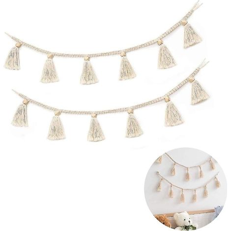 Lot de 2 guirlandes à franges en macramé, tapisserie murale en coton tissé, décoration murale bohème pour maison (1/4)
