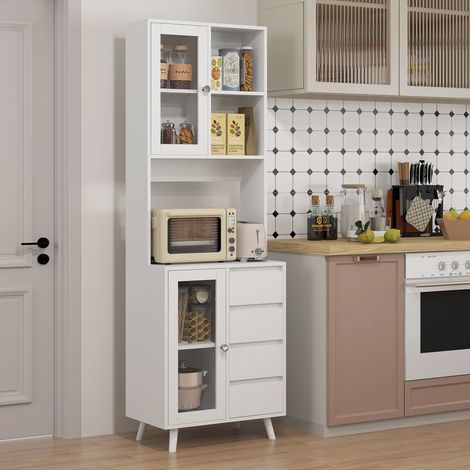 Alacena de Cocina Aparador con 2 Puertas de Vidrio Compartimentos 4 Cajones y Estantes Ajustables 60x35x180 cm Blanco (1/5)