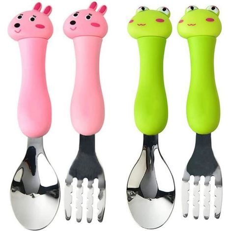 Ensemble de couverts, fourchettes et cuillères en acier inoxydable pour enfants Ensemble 2 pièces (lapin et grenouille) (1/4)