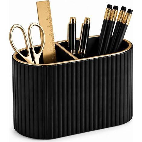 Organiseur de stylos, porte-crayons ovale, porte-crayons à 2 poches, porte-crayons en cuir PU pour le bureau et la maison (noir) (1/5)
