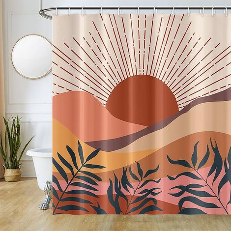 Cortina de ducha antimoho, color terracota, 180x200cm, tejido lavable, diseño bohemio abstracto de paisaje natural, cortinas de baño impermeables, cortinas de baño con 12 ganchos (1/5)