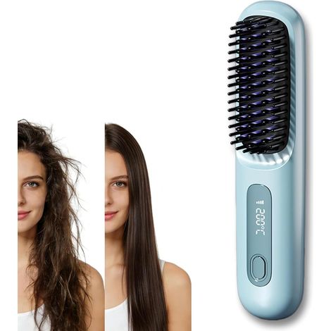 Cocoony Styling Brush for Short Hair, Improved Version 2026, Portable Rechargeable Straightener, Creates Volume in 2 Minutes, 3 Temperature Settings, Fast Heating (Blue)