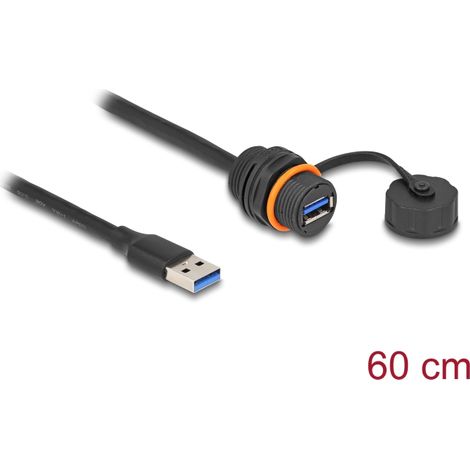 Delock Cable USB 5 Gbps USB Tipo-A macho a USB Tipo-A hembra para instalaciÃ³n con rosca M20 y tapa protectora IP68 resistente al polvo y al agua 60 c