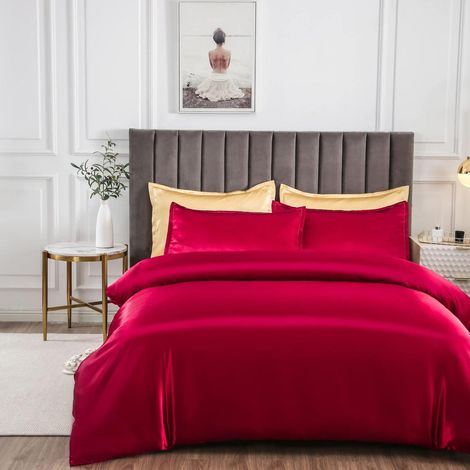 Satin Bettwäsche-Set 135x200cm Rot Kühlend & Hautfreundlich mit Reißverschluss