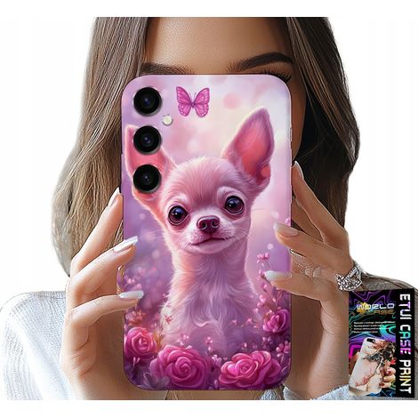 Cover per Samsung Galaxy S25 - un simpatico chihuahua su uno sfondo rosa con fiori (1/5)