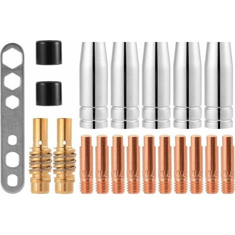 MIG/MAG 15AK M6 Welding Contact Tips and Nozzles – Pack of 20 pieces (10 contacts, 5 nozzles, 2 connectors, 2 insulators, 1 tool) – Ø 0.8 × 25 mm (1/5)