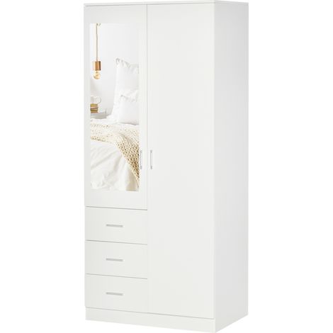 Armoire moderne blanche 2 portes avec miroir, 3 tiroirs, étagères réglables et penderie, 80 x 50 x 180 cm