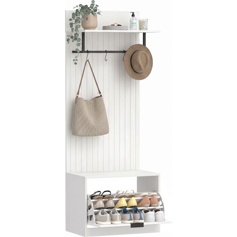 Porte-manteau - HOMCOM - 5 en 1 - banc à chaussures, tiroir basculant, étagères réglables, 4 crochets - 60 x 30 x 170 cm - blanc (1/5)