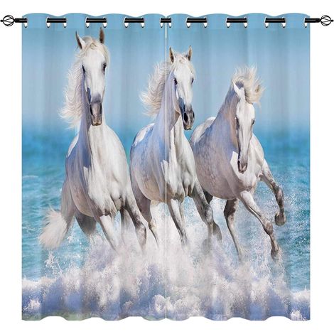 Rideaux White Horse - Occultants Thermiques Motif Galop de 3 Chevaux dans Les Vagues Océan Métalliques Isolants pour Salon/Chambre avec Œillets - 2 Panneaux L60 x H90cm - 60L X 90H cm (2 Panneaux) (1/5)