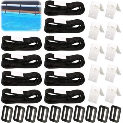 Fixation pour Bâche Solaire de Piscine,10 Pièces Kit de Sangles de Couverture Solaire,Enrouleur de Couverture Solaire,Sangles de Fixation,Pinces,Boucles,pour Piscine Universelle