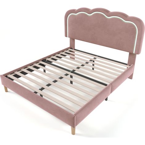 Polster-Doppelbett LED 140 x 200 cm, rosa Samt, Lattenrost, verstellbares Kopfteil (1/5)