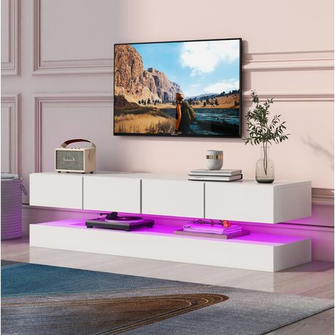 Mobile TV sospeso 130x33x25 cm bianco in MDF con 4 cassetti e illuminazione LED Bluetooth (1/5)