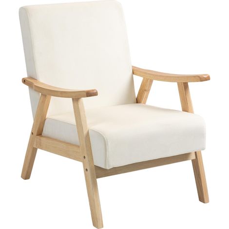 Détente et Confort au Salon : Fauteuil Scandinave Blanc Crème Rembourré avec Structure en Bois d'Hévéa et Ressorts S (1/5)