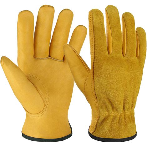 Gants de travail en cuir de vachette robuste pour le jardinage, la coupe du bois, la construction, la conduite de camions, le jardinage et les travaux extérieurs, pour hommes et femmes, 1 paire (doré, (1/5)