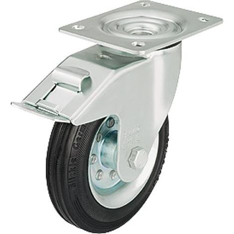 Roue de guidage caoutchouc av blocage LE-VE 160R-FI, charge 135 kg roue diam. 160mm, dim plaque 140x110mm