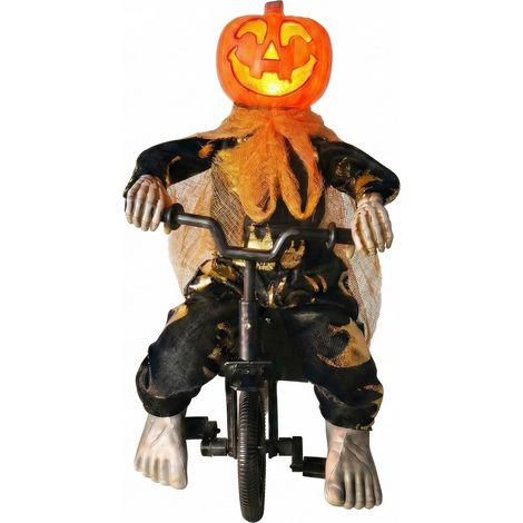 Figurine animée tête de citrouille sur tricycle, décoration Halloween lumineuse pour fête horreur (1/2)