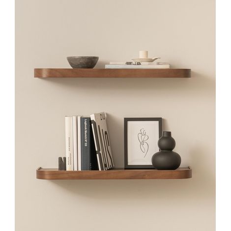 Étagère Murale Set 2 Tablette Murale en Placage Bois Véritable Étagère Flottante pour Décoration et Rangement Salle de Bain, Salon, Cuisine, Chambre Noyer (1/5)