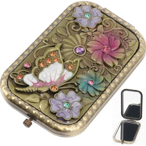 Miroir de Maquillage Vintage, Mini Miroir Cosmétique Pliant Double Face, Miroir à Main, Miroir Métal Compact Portable (1/5)