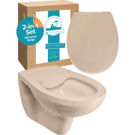 Calmwaters® Spülrandloses Hänge WC, Tiefspül WC aus Keramik, Komplettset mit WC Sitz mit Absenkautomatik in Beige-Bahamabeige, Waagerechter Abgang, WC Sitz aus antibakteriellem Duroplast, 99000190 (1/5)