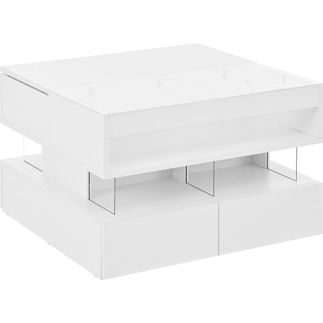 Tavolino da salotto elevabile con LED a 16 colori, piano in vetro e contenitore, bianco (1/5)